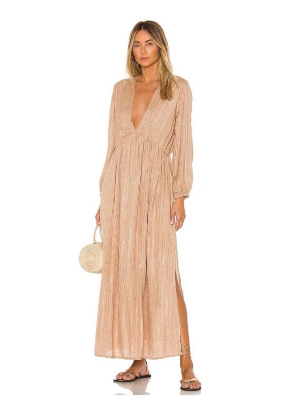 Deep V-Neck Blush Maxi Dress with Long Sleeves